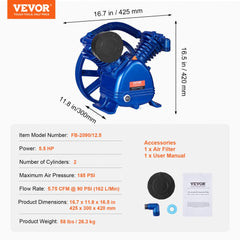 Bostome 5.5HP air compressor pump head with twin-cylinder design and oil-lubricated construction.