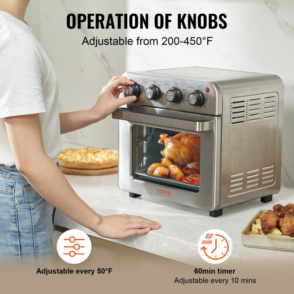 7-IN-1 Air Fryer Toaster Oven, 18L Convection Oven, 1700W Stainless Steel Toaster Ovens Countertop Combo with Grill, Pizza Pan, Gloves, 6 Slices Toast, 10-inch Pizza, Home and Commercial Use