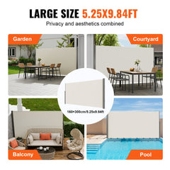 Retractable Side Awning, 63``x 118`` Outdoor Privacy Screen, 180g Polyester Water-proof Retractable Patio Screen, UV 30+ Room Divider Wind Screen for Patio, Backyard, Balcony, Beige