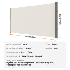 Retractable Side Awning, 63``x 118`` Outdoor Privacy Screen, 180g Polyester Water-proof Retractable Patio Screen, UV 30+ Room Divider Wind Screen for Patio, Backyard, Balcony, Beige