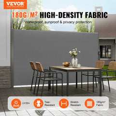 Retractable Side Awning, 71``x 138`` Outdoor Privacy Screen, 180g Polyester Water-proof Retractable Patio Screen, UV 30+ Room Divider Wind Screen for Patio, Backyard, Balcony, Gray