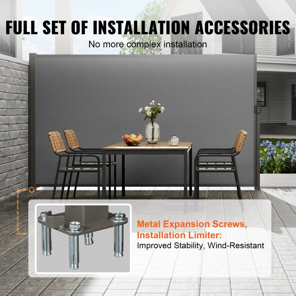 Retractable Side Awning, 71``x 138`` Outdoor Privacy Screen, 180g Polyester Water-proof Retractable Patio Screen, UV 30+ Room Divider Wind Screen for Patio, Backyard, Balcony, Gray