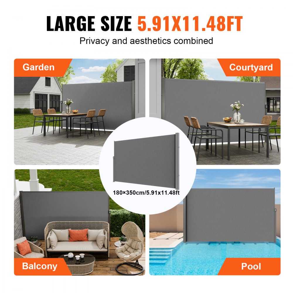Retractable Side Awning, 71``x 138`` Outdoor Privacy Screen, 180g Polyester Water-proof Retractable Patio Screen, UV 30+ Room Divider Wind Screen for Patio, Backyard, Balcony, Gray