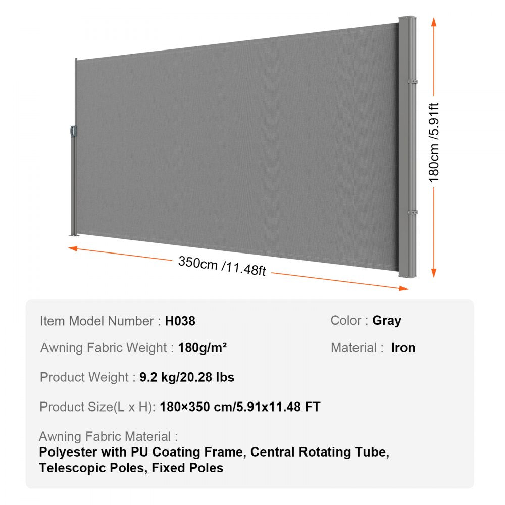 Retractable Side Awning, 71``x 138`` Outdoor Privacy Screen, 180g Polyester Water-proof Retractable Patio Screen, UV 30+ Room Divider Wind Screen for Patio, Backyard, Balcony, Gray