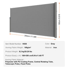 Retractable Side Awning, 71``x 138`` Outdoor Privacy Screen, 180g Polyester Water-proof Retractable Patio Screen, UV 30+ Room Divider Wind Screen for Patio, Backyard, Balcony, Gray
