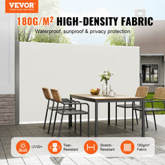 Retractable Side Awning, 71``x 138`` Outdoor Privacy Screen, 180g Polyester Water-proof Retractable Patio Screen, UV 30+ Room Divider Wind Screen for Patio, Backyard, Balcony, Beige