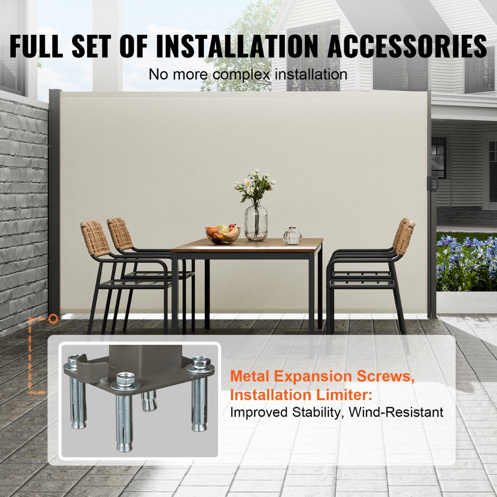 Retractable Side Awning, 71``x 138`` Outdoor Privacy Screen, 180g Polyester Water-proof Retractable Patio Screen, UV 30+ Room Divider Wind Screen for Patio, Backyard, Balcony, Beige
