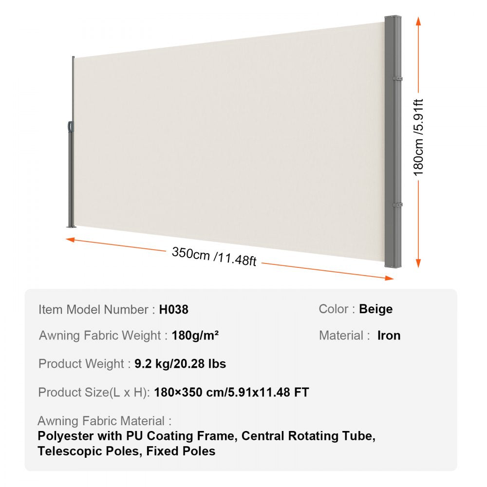 Retractable Side Awning, 71``x 138`` Outdoor Privacy Screen, 180g Polyester Water-proof Retractable Patio Screen, UV 30+ Room Divider Wind Screen for Patio, Backyard, Balcony, Beige