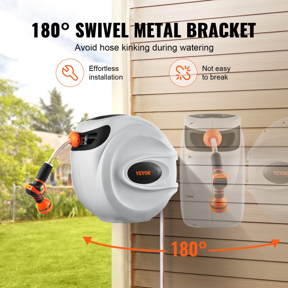 Retractable Hose Reel Water Hose Reel 115`x1/2" 180° Swivel Wall-Mounted