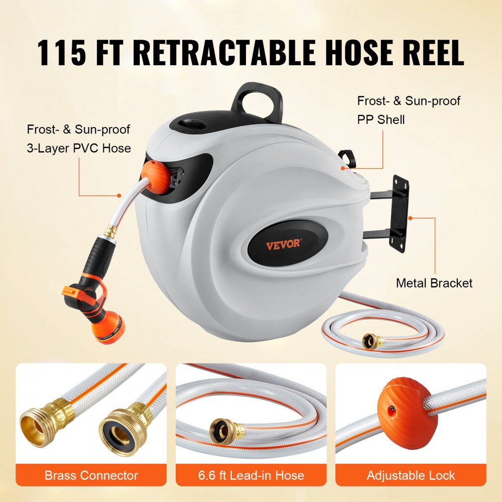 Retractable Hose Reel Water Hose Reel 115`x1/2" 180° Swivel Wall-Mounted