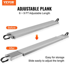 Telescoping aluminum work plank, adjustable 6-9ft, 500lbs capacity, with non-slip surface.