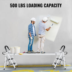 Telescoping aluminum work plank, adjustable 6-9ft, 500lbs capacity, non-slip surface.