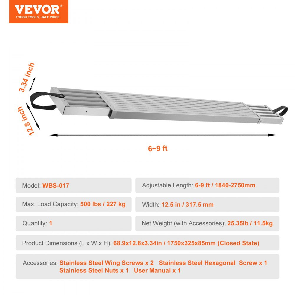 Telescoping aluminum work plank, adjustable from 6 to 9 feet, supports 500 lbs with non-slip surface.