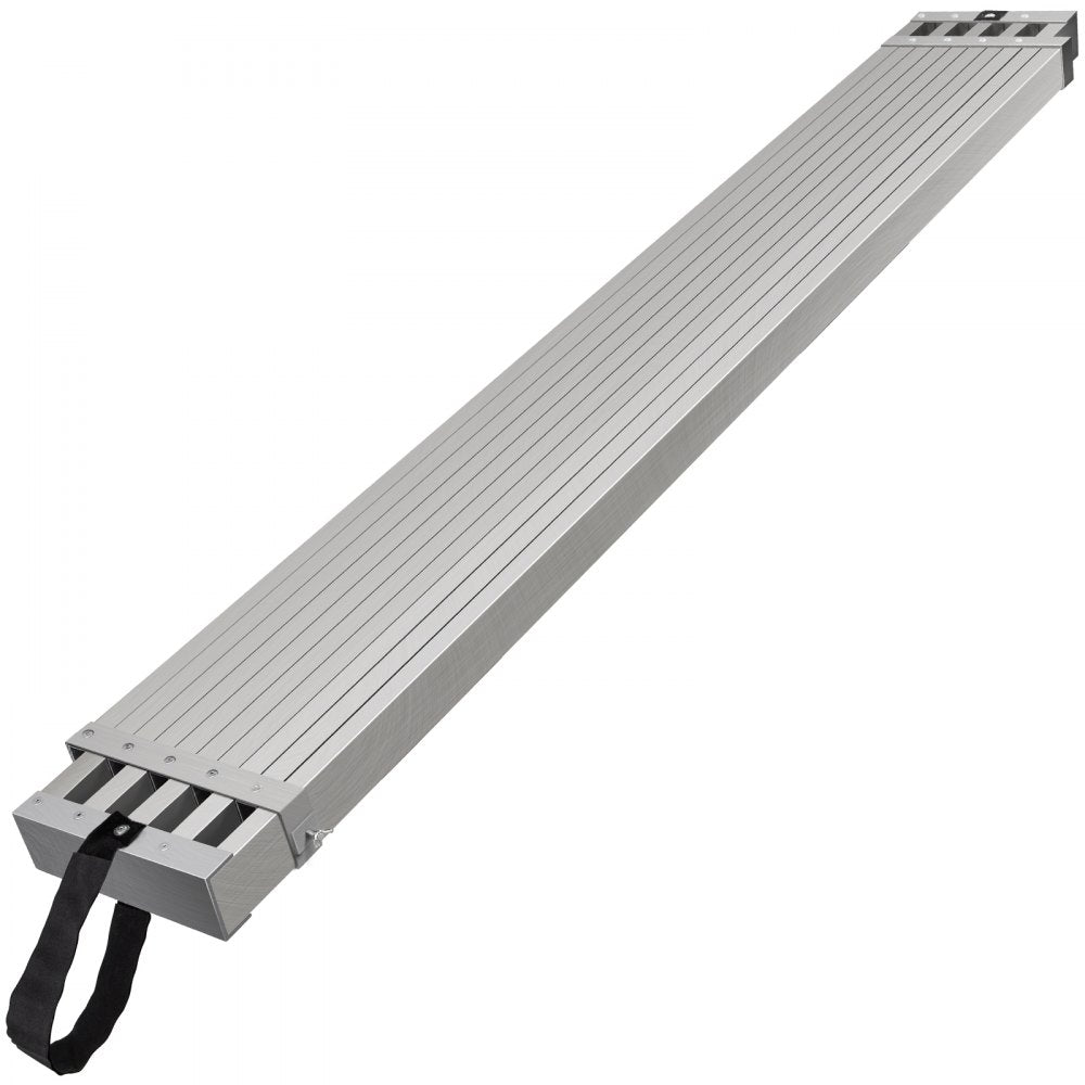 Telescoping aluminum work plank, adjustable 6-9ft, 12.5-inch width, 500lbs capacity.