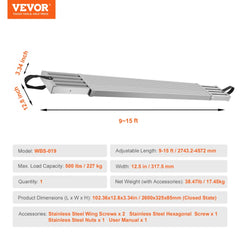 Aluminum telescoping work plank, adjustable 9-15ft, 500lbs capacity, with non-slip surface.
