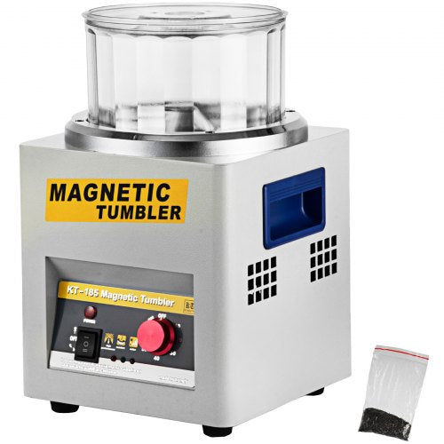 Silver KT-185 magnetic tumbler polisher with clear 185mm barrel, controls, and pin bag.