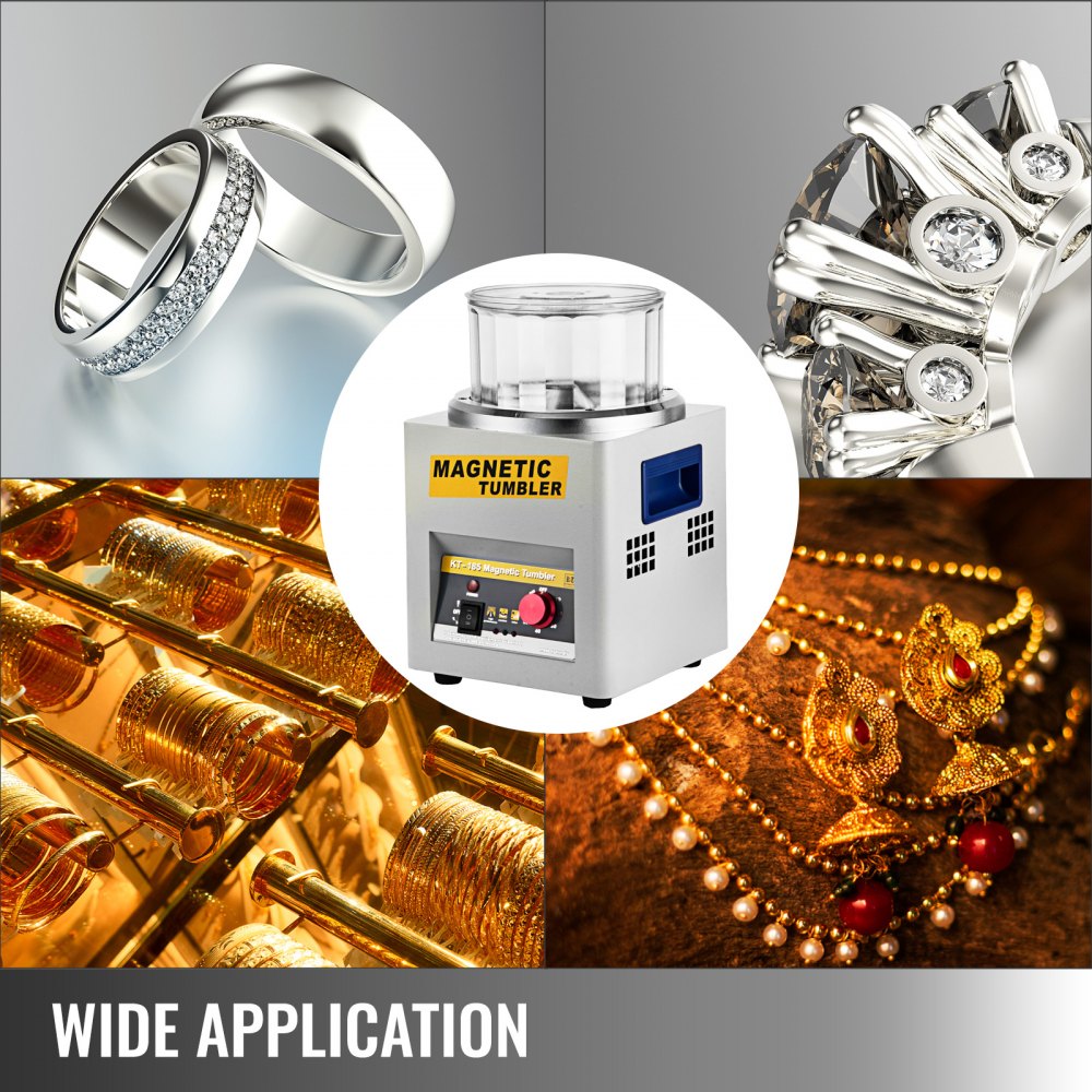 Bostome KT-185 magnetic jewelry tumbler polisher with digital timer and tumbler pins shown with rings and gold jewelry.