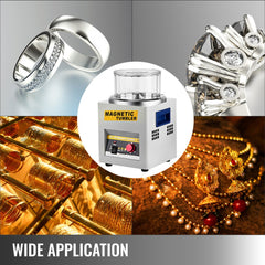 Bostome KT-185 magnetic jewelry tumbler polisher with digital timer and tumbler pins shown with rings and gold jewelry.