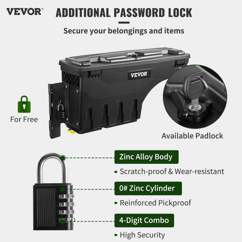 Truck Bed Storage Box, Lockable Lid, Waterproof ABS Wheel Well Tool Box 6.6 Gal/20 L with Password Padlock, Compatible with Tundra 2007-2021, Driver Side, Black