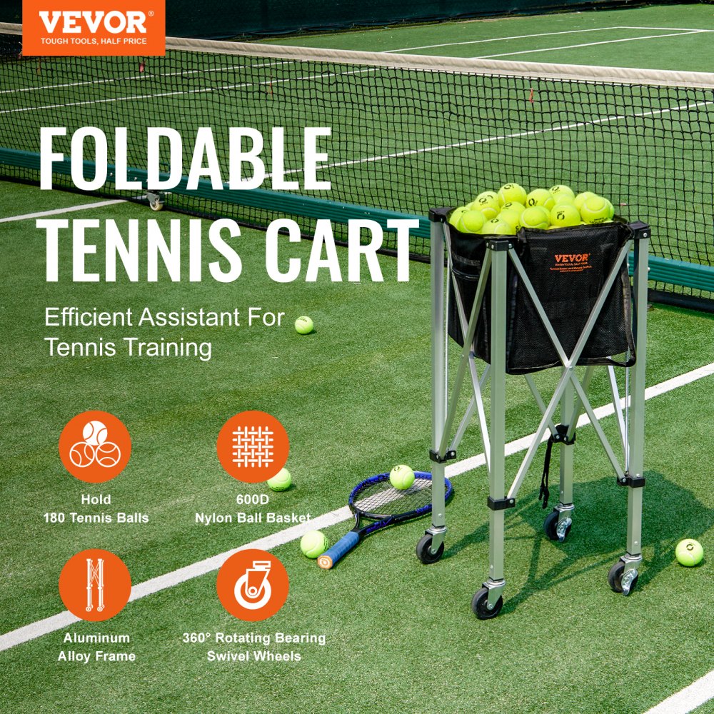 Foldable Tennis Ball Hopper, Holds 180 Tennis Balls, Lightweight Aluminum Alloy Tennis Ball Basket Cart with Wheels, Removable Bag, Carry Bag, Portable Sports Teaching Cart for Tennis Player