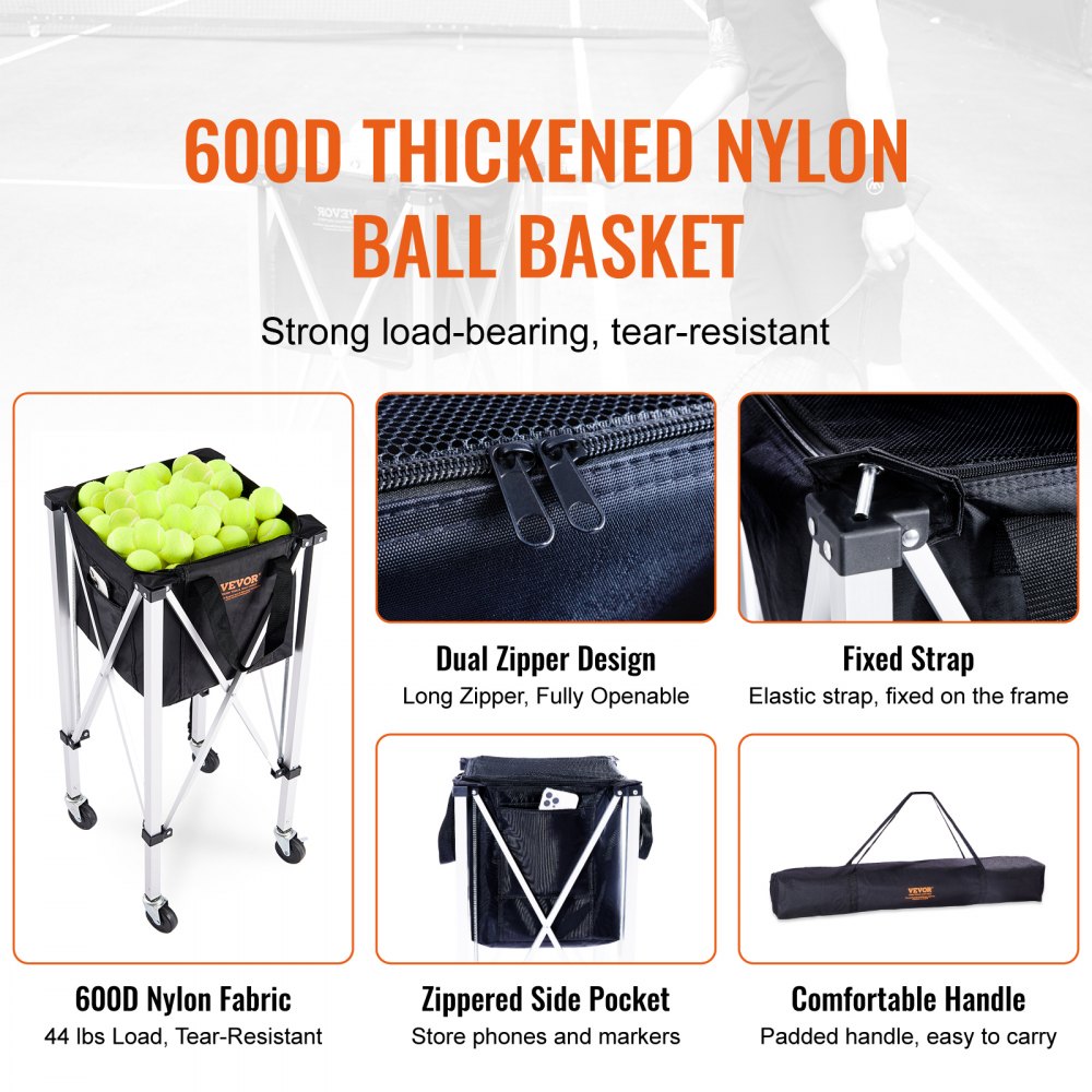 Foldable Tennis Ball Hopper, Holds 180 Tennis Balls, Lightweight Aluminum Alloy Tennis Ball Basket Cart with Wheels, Removable Bag, Carry Bag, Portable Sports Teaching Cart for Tennis Player