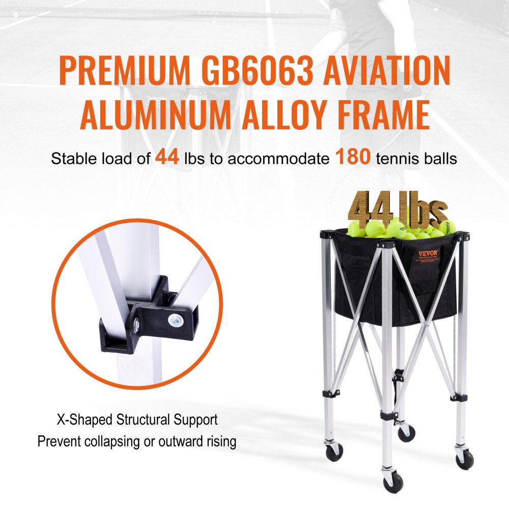Foldable Tennis Ball Hopper, Holds 180 Tennis Balls, Lightweight Aluminum Alloy Tennis Ball Basket Cart with Wheels, Removable Bag, Carry Bag, Portable Sports Teaching Cart for Tennis Player
