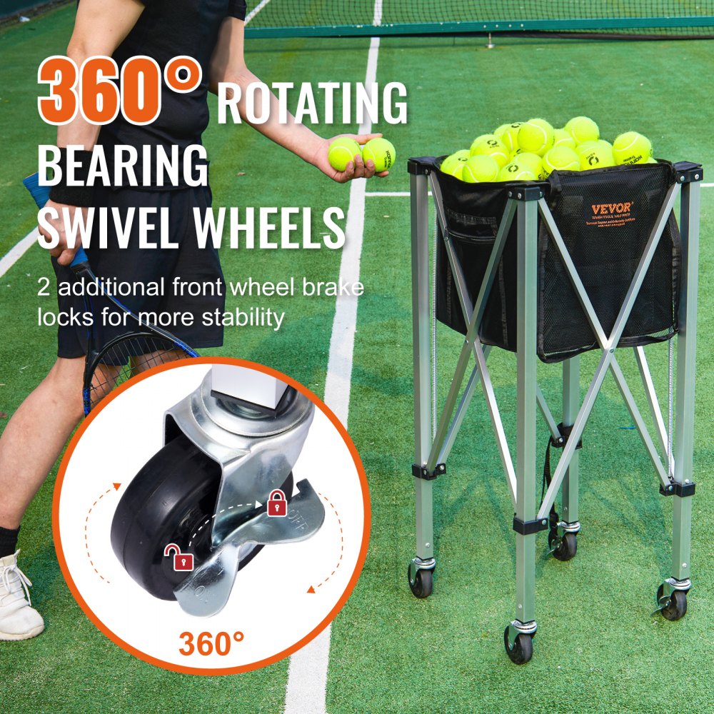 Foldable Tennis Ball Hopper, Holds 180 Tennis Balls, Lightweight Aluminum Alloy Tennis Ball Basket Cart with Wheels, Removable Bag, Carry Bag, Portable Sports Teaching Cart for Tennis Player