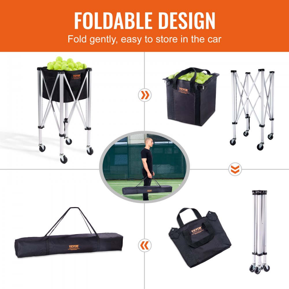 Foldable Tennis Ball Hopper, Holds 180 Tennis Balls, Lightweight Aluminum Alloy Tennis Ball Basket Cart with Wheels, Removable Bag, Carry Bag, Portable Sports Teaching Cart for Tennis Player
