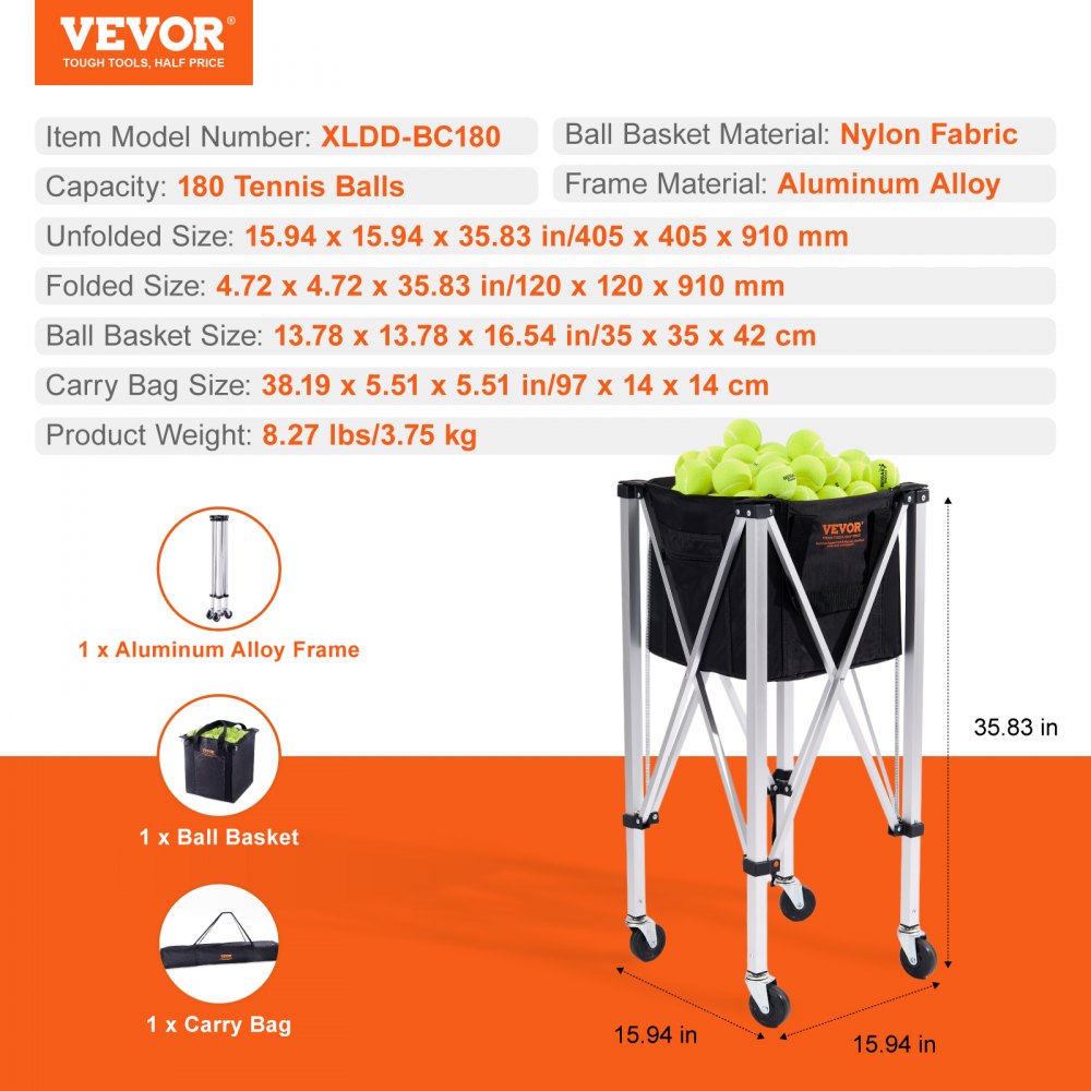 Foldable Tennis Ball Hopper, Holds 180 Tennis Balls, Lightweight Aluminum Alloy Tennis Ball Basket Cart with Wheels, Removable Bag, Carry Bag, Portable Sports Teaching Cart for Tennis Player