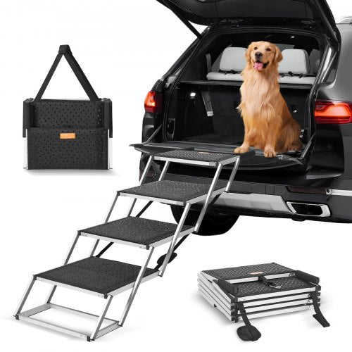 Folded and unfolded 4-step aluminum dog car stairs with black non-slip steps and a golden retriever sitting on a car trunk