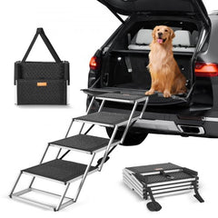 Folded and unfolded 4-step aluminum dog car stairs with black non-slip steps and a golden retriever sitting on a car trunk