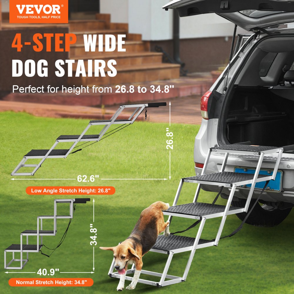 4-step folding aluminum dog stairs with adjustable height from 26.8 to 34.8 inches, supporting up to 250 lbs, shown with a beagle climbing into an SUV.
