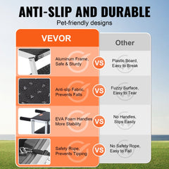Comparison chart showing VEVOR dog stairs' aluminum frame, anti-slip fabric, EVA handles, and safety rope versus competitors' plastic board, fuzzy surface, no handles, and no rope.
