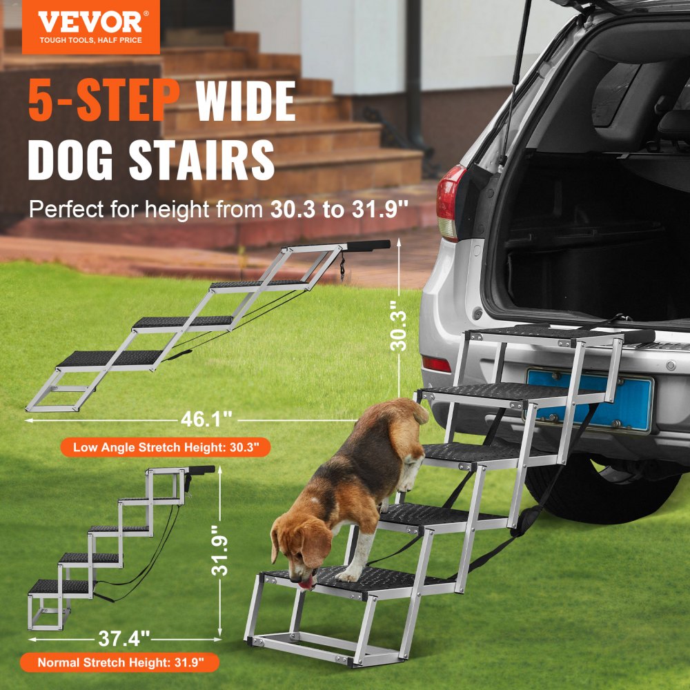 Bostome 5-step folding dog stairs with aluminum frame, non-slip surface, and compact design.