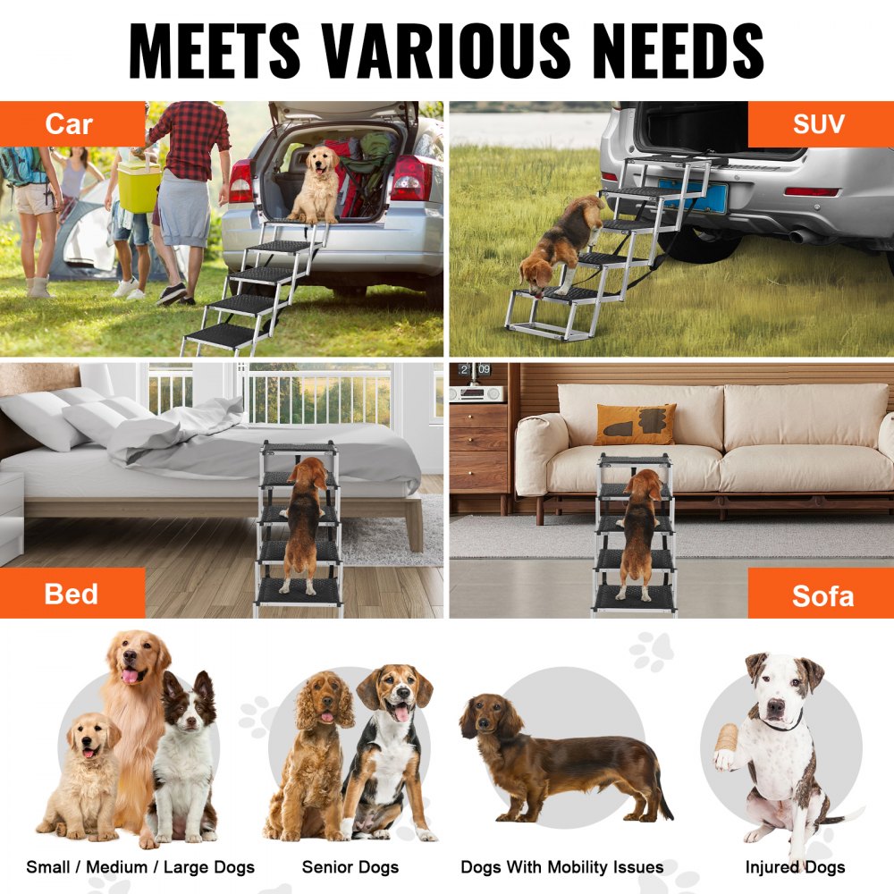 Five-step folding dog stairs made of aluminum, supporting up to 150 lbs, with non-slip surface.