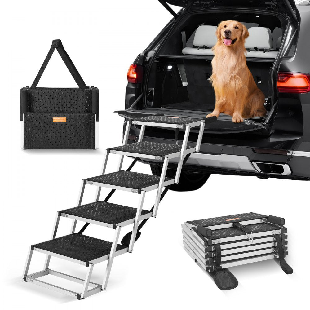 Bostome 5-step folding dog stairs with aluminum frame and non-slip surface for vehicle access.