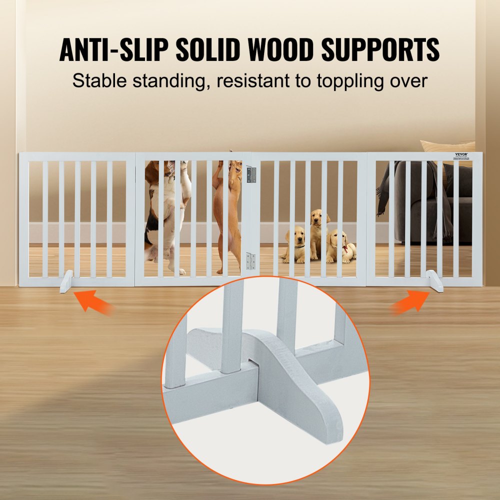 Free Standing Dog Gate, 24" H x 80.3" W Freestanding Pet Gate, 4 Panels Foldable Dog Gate for Wide and Narrow Passageways, Expandable Dog Barrier with Silent Foot Support for Indoor, White