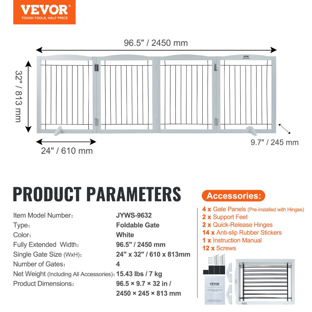 Free Standing Dog Gate, 32" H x 96.5" W Freestanding Pet Gate, 4 Panels Foldable Dog Gate for Wide and Narrow Passageways, Expandable Dog Barrier with Silent Foot Support for Indoor, White