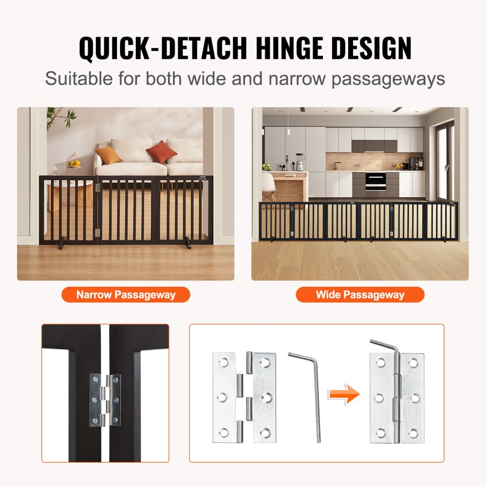 Free Standing Dog Gate, 24" H x 60" W Freestanding Pet Gate, 3 Panels Foldable Dog Gate for Wide and Narrow Passageways, Expandable Dog Barrier with Silent Foot Support for Indoor, Brown