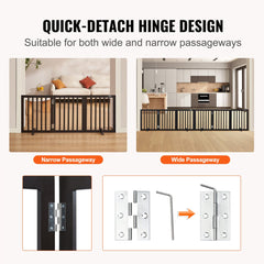 Free Standing Dog Gate, 24" H x 60" W Freestanding Pet Gate, 3 Panels Foldable Dog Gate for Wide and Narrow Passageways, Expandable Dog Barrier with Silent Foot Support for Indoor, Brown