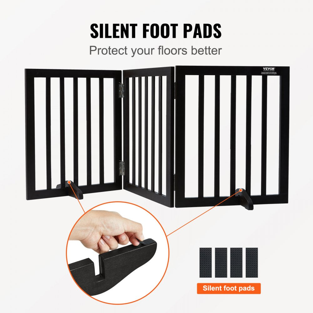 Free Standing Dog Gate, 24" H x 60" W Freestanding Pet Gate, 3 Panels Foldable Dog Gate for Wide and Narrow Passageways, Expandable Dog Barrier with Silent Foot Support for Indoor, Brown