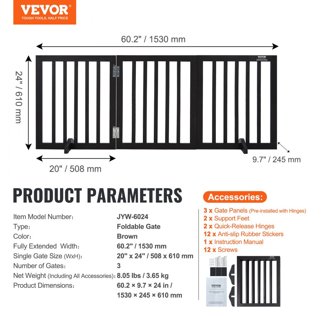 Free Standing Dog Gate, 24" H x 60" W Freestanding Pet Gate, 3 Panels Foldable Dog Gate for Wide and Narrow Passageways, Expandable Dog Barrier with Silent Foot Support for Indoor, Brown