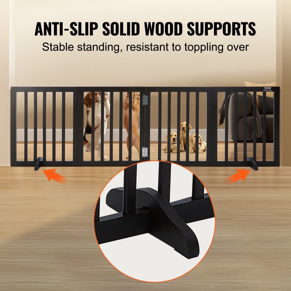 Free Standing Dog Gate, 24" H x 80.3" W Freestanding Pet Gate, 4 Panels Foldable Dog Gate for Wide and Narrow Passageways, Expandable Dog Barrier with Silent Foot Support for Indoor, Brown
