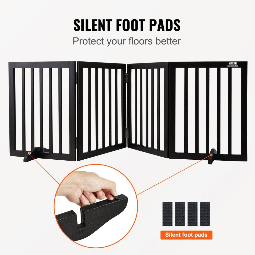 Free Standing Dog Gate, 24" H x 80.3" W Freestanding Pet Gate, 4 Panels Foldable Dog Gate for Wide and Narrow Passageways, Expandable Dog Barrier with Silent Foot Support for Indoor, Brown