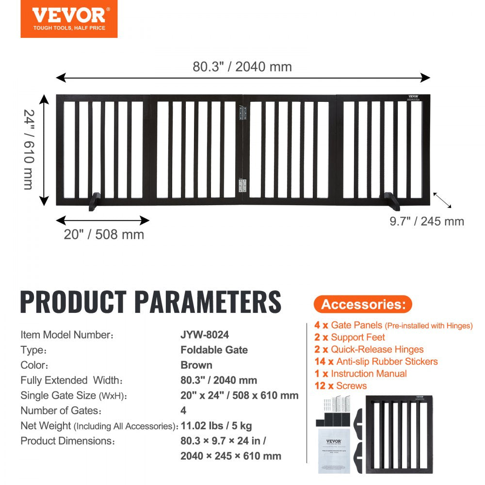 Free Standing Dog Gate, 24" H x 80.3" W Freestanding Pet Gate, 4 Panels Foldable Dog Gate for Wide and Narrow Passageways, Expandable Dog Barrier with Silent Foot Support for Indoor, Brown