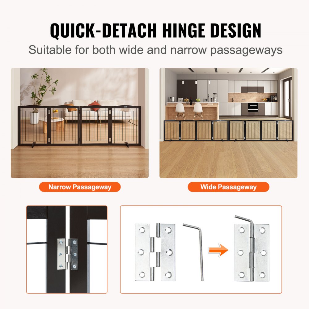 Free Standing Dog Gate, 32" H x 96.5" W Freestanding Pet Gate, 4 Panels Foldable Dog Gate for Wide and Narrow Passageways, Expandable Dog Barrier with Silent Foot Support for Indoor, Brown