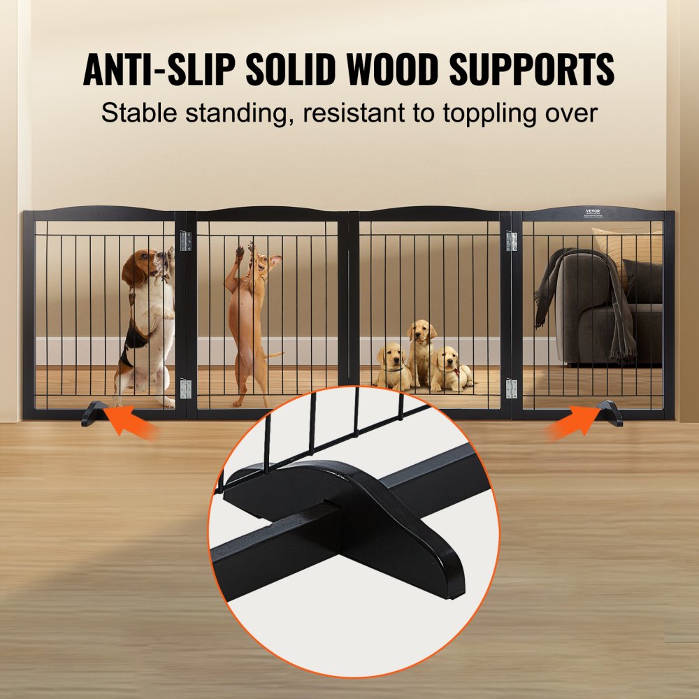 Free Standing Dog Gate, 32" H x 96.5" W Freestanding Pet Gate, 4 Panels Foldable Dog Gate for Wide and Narrow Passageways, Expandable Dog Barrier with Silent Foot Support for Indoor, Brown