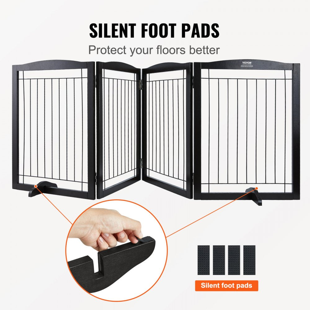 Free Standing Dog Gate, 32" H x 96.5" W Freestanding Pet Gate, 4 Panels Foldable Dog Gate for Wide and Narrow Passageways, Expandable Dog Barrier with Silent Foot Support for Indoor, Brown
