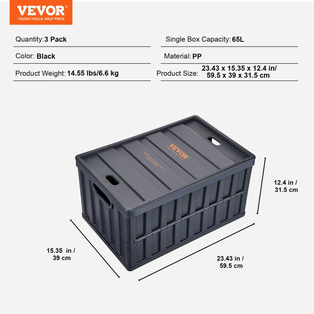 Collapsible Storage Bins with Lids, 65L 3 Packs, Folding Plastic Stackable Utility Crates with Handles, Large Heavy Duty Containers for Clothes, Toys, Books, Snack, Shoes, and Grocery Organizing