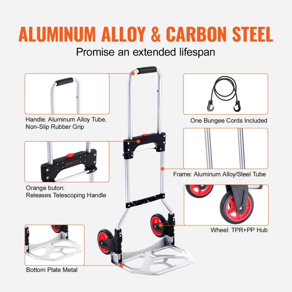 Folding Hand Truck and Dolly, 176 lbs Capacity, Aluminum Foldable Cart, Heavy-Duty Luggage Trolley Cart with Telescoping Handle and PP+TPR Wheels for Home, Office, Shopping, Travel